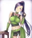  ;) bangs bare_shoulders belt black_shorts breasts cameltoe chair collar contrapposto cowboy_shot dragon_quest dragon_quest_xi fingerless_gloves gloves halterneck head_tilt highres index_finger_raised large_breasts long_hair looking_at_viewer martina_(dq11) midriff navel o-ring o-ring_top one_eye_closed ponytail purple_eyes purple_hair say short_shorts shorts smile solo standing swept_bangs tank_top very_long_hair 