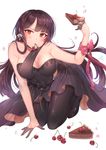  black_hair black_legwear blush bow breasts cherry cleavage closed_mouth eyebrows_visible_through_hair food fruit girls_frontline kneeling large_breasts long_hair looking_at_viewer ozzingo pantyhose pie purple_hair red_bow red_eyes red_ribbon ribbon solo wa2000_(girls_frontline) 