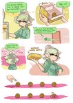  1girl aori_(splatoon) casual chocolate closed_mouth comic domino_mask earrings english food green_jacket grey_hair hand_on_hip holding hood hoodie hotaru_(splatoon) jacket jersey jewelry long_sleeves mask mole mole_under_eye paint_splatter pointy_ears refrigerator salmon_run short_hair splatoon_(series) splatoon_2 squid standing tentacle_hair wong_ying_chee 