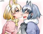  animal_ears black_gloves black_hair blonde_hair bow bowtie brown_eyes closed_eyes common_raccoon_(kemono_friends) fang fennec_(kemono_friends) fox_ears from_side fur_trim gloves happa_(cloverppd) kemono_friends multiple_girls nose nose_bite open_mouth puffy_short_sleeves puffy_sleeves raccoon_ears short_hair short_sleeves smile yuri 