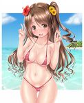  bikini blush breasts brown_eyes brown_hair cleavage covered_nipples double_v eyebrows_visible_through_hair flower hair_flower hair_ornament idolmaster idolmaster_cinderella_girls large_breasts long_hair looking_at_viewer micro_bikini navel one_side_up open_mouth shimamura_uzuki smile solo sunflower swimsuit u2_(5798239) v wavy_mouth 