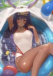  animal_ears arm_up armpits bad_id bad_pixiv_id bangs blunt_bangs blush breasts dark_skin eyeliner facial_mark fate/grand_order fate_(series) from_above hairband highleg highleg_swimsuit jackal_ears large_breasts long_hair looking_at_viewer lying makeup medjed nitocris_(fate/grand_order) nitocris_(swimsuit_assassin)_(fate) on_back one-piece_swimsuit parted_lips partially_submerged purple_eyes purple_hair reido_(reido_c) rubber_duck solo swimsuit very_long_hair wading_pool wet white_swimsuit 