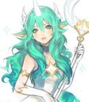  1girl green_eyes green_hair horn league_of_legends magical_girl school_uniform serafuku soraka staff star_guardian_soraka viorie 