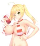  ahoge bikini blonde_hair bouncing_breasts breasts covered_nipples criss-cross_halter fang fate/grand_order fate_(series) green_eyes hair_intakes halterneck hand_on_hip ichio large_breasts long_hair looking_at_viewer motion_blur navel nero_claudius_(fate)_(all) nero_claudius_(swimsuit_caster)_(fate) smile smirk solo sparkle striped striped_bikini swimsuit tenga twintails 