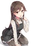  :q arashio_(kantai_collection) black_dress blush brown_eyes brown_hair commentary_request dress frilled_dress frills highres kantai_collection licking_lips long_hair long_sleeves looking_at_viewer pantyhose pinafore_dress remodel_(kantai_collection) seiza simple_background sitting solo tongue tongue_out white_background zhi_zhi/zu_zu 