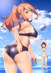  adjusting_clothes adjusting_swimsuit armpits arms_up ass ball bare_shoulders beachball bikini blue_sky breasts brown_hair cloud collarbone commentary_request day highres kippuru large_breasts lipstick long_hair looking_at_viewer looking_back makeup multiple_girls navel open_mouth orange_eyes orange_hair outdoors parted_lips ponytail short_hair sideboob sky smile swimsuit underboob water wet wet_clothes 