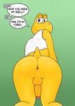  anthro anus balls beak big_butt butt butt_focus clothed clothing dialogue erection hi_res kneeling koopa koopa_troopa krokodos looking_at_viewer male mario_bros nintendo partially_clothed penis plantigrade reptile scalie simple_background solo turtle video_games 