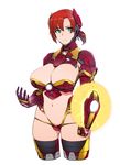  adapted_costume aqua_eyes ass_visible_through_thighs boudica_(fate/grand_order) breasts cleavage cleavage_cutout closed_mouth cosplay cowboy_shot cropped_legs eyebrows_visible_through_hair fate/grand_order fate_(series) frown gauntlets headgear huge_breasts iron_man iron_man_(cosplay) kurowa large_breasts looking_at_viewer marvel navel red_hair revealing_clothes shield short_ponytail shrug_(clothing) simple_background solo thighhighs white_background wide_hips 