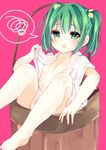  bangs bare_legs barefoot blush bucket commentary_request eyebrows_visible_through_hair flat_chest green_eyes green_hair hair_bobbles hair_ornament highres in_bucket in_container karasusou_nano kisume looking_at_viewer open_clothes open_mouth pink_background see-through short_hair short_sleeves simple_background sitting solo spoken_squiggle squiggle touhou twintails wet wet_clothes wet_hair 