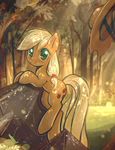  2017 applejack_(mlp) blonde_hair chromatic_aberration cowboy_hat cutie_mark earth_pony equine female feral forest friendship_is_magic green_eyes hair hat horse looking_at_viewer mammal mirroredsea my_little_pony outside pony rock smile solo tree 