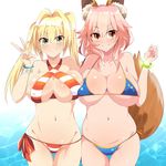  &gt;:) ahoge animal_ears bikini blonde_hair blush bracelet breast_press breasts covered_nipples cowboy_shot criss-cross_halter earrings eyebrows_visible_through_hair fate/extra fate/grand_order fate_(series) fox_ears fox_tail green_eyes hair_intakes halterneck jewelry kurorettsu large_breasts long_hair looking_at_viewer micro_bikini multiple_girls navel nero_claudius_(fate)_(all) nero_claudius_(swimsuit_caster)_(fate) side-tie_bikini smile striped striped_bikini swimsuit tail tamamo_(fate)_(all) tamamo_no_mae_(fate) tamamo_no_mae_(swimsuit_lancer)_(fate) thigh_gap twintails v v-shaped_eyebrows water wet 