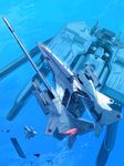  blue_background cannon commentary_request debris energy_cannon flying from_above inui_(jt1116) outdoors science_fiction silpheed silpheed_(spaceship) space_craft starfighter thrusters 