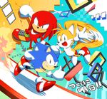  echidna_(animal) fox furry gloves hedgehog knuckles_the_echidna male_focus misuta710 multiple_boys running shoes smile sneakers sonic sonic_mania sonic_the_hedgehog tails_(sonic) thumbs_up waving white_gloves 