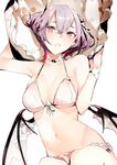  bare_arms bare_shoulders bat_wings bikini breasts cleavage commentary_request fang front-tie_top gradient_hair hair_between_eyes halter_top halterneck highres looking_at_viewer medium_breasts multicolored_hair navel original pink_hair purple_eyes purple_hair shunsei_(muratou) simple_background solo stomach string_bikini swimsuit vampire white_background white_bikini wings 