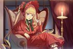  armchair bangs blonde_hair blue_eyes blunt_bangs bonnet bow candle candlestand capelet chair closed_mouth crossed_legs cup curtains dress flower green_bow holding holding_cup indoors jewelry long_hair long_sleeves looking_away on_chair pink_flower pink_rose red_capelet red_dress red_lips ring rose rozen_maiden shinku sidelocks sitting solo teacup twintails zema_haru 
