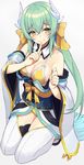  aqua_hair bikini blush breasts cleavage commentary_request fate/grand_order fate_(series) finger_to_mouth horns kiyohime_(fate/grand_order) kiyohime_(swimsuit_lancer)_(fate) long_hair looking_at_viewer medium_breasts smile solo sukebewe swimsuit swimsuit_under_clothes yellow_bikini yellow_eyes 