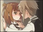  ange_(princess_principal) bangs beatrice_(princess_principal) blunt_bangs blush bow bowtie breath brown_eyes brown_hair commentary double_bun eyebrows_visible_through_hair from_side grey_hair hand_on_shoulder hidden_face holding_hands multiple_girls niina_ryou princess_principal school_uniform short_hair smile sweatdrop wall_slam yuri 