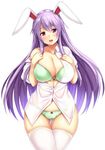  animal_ears ass_visible_through_thighs bow bow_bra bow_panties bra breasts bunny_ears buttons cleavage dress_shirt ebi_193 green_bra green_panties large_breasts long_hair looking_at_viewer off_shoulder panties pink_eyes purple_hair red_bow reisen_udongein_inaba shirt short_sleeves simple_background skindentation smile solo thighhighs touhou underwear white_background white_legwear white_shirt wing_collar 