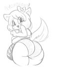  &lt;3 &lt;3_eyes anthro bow butt cat clothed clothing cute drillsbutts_(artist) fangs feline female hair looking_at_viewer looking_back mammal monochrome presenting presenting_hindquarters simple_background slightly_chubby smile solo standing sugar_(gats) text underwear white_background 