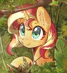  2017 bush_(disambiguation) equestria_girls equine female feral grass hair horn looking_at_viewer mammal mirroredsea multicolored_hair my_little_pony outside smile solo sunset_shimmer_(eg) two_tone_hair unicorn unicorn_horn 