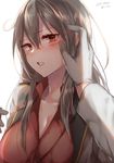  blouse blush breasts collarbone gangut_(kantai_collection) hair_between_eyes hair_ornament hairclip kantai_collection large_breasts lips long_hair looking_at_viewer parted_lips red_blouse red_eyes sakiryo_kanna scar shiny shiny_clothes shiny_skin sidelocks silver_hair 