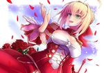  :d ahoge bangs blonde_hair blush breasts cleavage commentary_request dress epaulettes fate/extra fate_(series) flower green_eyes hair_intakes large_breasts looking_away nero_claudius_(fate) nero_claudius_(fate)_(all) open_mouth petals red_dress red_flower red_rose rose rose_petals smile solo upper_body yude 