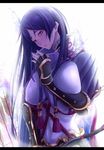  armor arrow blue_bodysuit bodysuit bow_(weapon) breasts commentary_request covered_navel fate/grand_order fate_(series) fingerless_gloves gloves japanese_armor large_breasts letterboxed long_hair looking_at_viewer minamoto_no_raikou_(fate/grand_order) parted_lips purple_eyes purple_hair solo upper_body very_long_hair weapon yude 