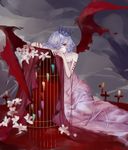  absurdres alternate_costume bare_shoulders bat_wings birdcage blood cage closed_mouth commentary_request cross dress flower frown highres kelou looking_at_viewer pale_skin pink_dress red_eyes remilia_scarlet short_hair silver_hair solo strapless strapless_dress tiara tombstone touhou wings 