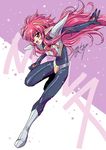  1girl 90s armor bodysuit breastplate breasts female full_body long_hair long_pointy_ears looking_at_viewer magic_knight_rayearth nova_(rayearth) pink_hair pointy_ears smile teiyabeshu 