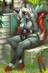  5_fingers anthro areola bong bottomless breasts calixa clothed clothing detailed_background drugs female fur hooves hybrid mammal marijuana miles_df nipples panties red_eyes sitting smile solo underwear white_fur 