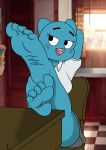  2019 a-fitzga absurd_res anthro barefoot blue_fur cartoon_network clothed clothing detailed_background digital_media_(artwork) domestic_cat feet felid feline felis female foot_focus fur hi_res mammal mature_female nicole_watterson open_mouth smile soles solo the_amazing_world_of_gumball toes tongue whiskers 