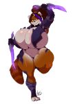  ailurid anthro armor big_breasts blizzard_entertainment breasts curvaceous dagger female huge_breasts hyper hyper_breasts looking_at_viewer mammal melee_weapon overweight overweight_female pandaren red_panda red_pandaren ryousakai smile solo standing thick_thighs ursid video_games warcraft weapon 