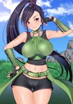  adjusting_hair bangs bare_shoulders belt black_gloves black_shorts breasts cameltoe cloud collar commentary_request cowboy_shot cross-laced_clothes crotch_seam curvy day dragon_quest dragon_quest_xi fingerless_gloves gloves halterneck high_ponytail highres kippuru large_breasts long_hair looking_at_viewer martina_(dq11) midriff navel o-ring o-ring_top outdoors ponytail purple_eyes purple_hair short_shorts shorts silver_trim sky smile solo sweatdrop swept_bangs tank_top thigh_gap vambraces very_long_hair 