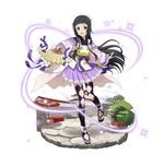  :d black_eyes black_hair black_legwear fan floating_hair frilled_skirt frills full_body head_wreath holding holding_fan japanese_clothes long_hair looking_at_viewer miniskirt official_art open_mouth outstretched_arm pleated_skirt purple_skirt ribbon-trimmed_sleeves ribbon_trim simple_background skirt smile solo standing sword_art_online sword_art_online:_code_register thighhighs very_long_hair white_background yui_(sao) 