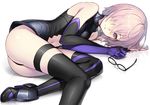  armor ass black-framed_eyewear black_legwear boots breasts elbow_gloves eyewear_removed fate/grand_order fate_(series) glasses gloves hair_over_one_eye highres holding holding_eyewear impossible_clothes impossible_leotard lasa_(lasa1116) leotard looking_at_viewer lying mash_kyrielight medium_breasts navel navel_cutout on_side parted_lips pink_hair purple_eyes reflective_floor short_hair solo thigh_boots thighhighs turtleneck 