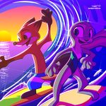  2017 anthro canine clothing dipstick_ears dipstick_tail disney duo fanartiguess female fox fur gloves_(marking) hi_res judy_hopps lagomorph looking_back male mammal markings multicolored_tail nick_wilde one-piece_swimsuit open_mouth open_smile outside purple_eyes rabbit sea shorts smile standing surfboard surfing swimsuit water wave zootopia 