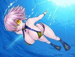  arm_at_side asamura_hiori beach bikini blush breasts cleavage closed_mouth day dive_to_blue eyebrows_visible_through_hair fate/grand_order fate_(series) full_body hair_over_one_eye highres large_breasts mash_kyrielight medium_hair navel purple_eyes purple_hair smile solo stomach submerged swimsuit underwater 