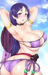  armlet armpits arms_up ass bare_shoulders bikini blue_sky blush breasts choker cleavage commentary_request covered_nipples day eyebrows_visible_through_hair eyepatch_bikini fate/grand_order fate_(series) from_behind highres huge_breasts long_hair looking_at_viewer looking_back minamoto_no_raikou_(fate/grand_order) minamoto_no_raikou_(swimsuit_lancer)_(fate) open_mouth pentagram purple_bikini purple_eyes purple_hair shiny shiny_skin side-tie_bikini skindentation sky solo swimsuit twisted_torso very_long_hair yomomirin 