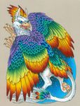  ambiguous_gender avian blue_eyes blue_feathers claws feathers feral green_feathers gryphon hair multicolored_feathers open_mouth orange_feathers pawpads purple_feathers red_feathers sandy_schreiber solo tongue white_feathers white_hair yellow_feathers 