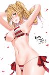  adjusting_hair armpits arms_behind_head bikini blonde_hair blush breasts dated fate/extra fate/grand_order fate_(series) green_eyes hair_between_eyes hair_intakes halterneck hanada_yanochi large_breasts long_hair looking_at_viewer navel nero_claudius_(fate)_(all) nero_claudius_(swimsuit_caster)_(fate) nose_blush open_mouth petals side-tie_bikini smile solo striped striped_bikini swimsuit twintails 