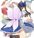 black_hair blue_bow blue_dress boots bow brown_footwear carrot commentary_request dress fairy_wings food fruit frying_pan hair_bow holding kasuka_(kusuki) ladle lemon long_hair looking_at_viewer meat mittens pot puffy_short_sleeves puffy_sleeves short_sleeves smile solo star_sapphire tomato touhou wings 