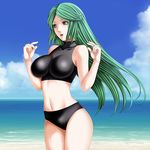  beach blush breasts day green_eyes green_hair highres kid_icarus kid_icarus_uprising large_breasts long_hair navel open_mouth palutena sky solo swimsuit tamamon very_long_hair water 
