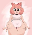  &lt;3 &lt;3_eyes anthro apron big_breasts big_thighs bow bra breasts cat clothed clothing cute feline female fur hair looking_at_viewer mammal panties pink_background pink_fur pink_hair redx331 simple_background smile solo sugar_(gats) thick_thighs underwear 