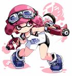  bangs bike_shorts black_shorts blue_footwear blunt_bangs closed_mouth commentary_request cross-laced_footwear dapple_dualies_(splatoon) domino_mask dual_wielding frown goggles goggles_on_head holding holding_weapon ink_tank_(splatoon) inkling inkling_(language) karukan_(monjya) looking_to_the_side mask pointy_ears print_shirt shirt shoes short_hair shorts sneakers solo splatoon_(series) splatoon_2 standing tank_top tentacle_hair tiptoes weapon white_background white_shirt 