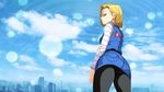  android_18 ass astroboy84 bad_id bad_pixiv_id blonde_hair breasts city denim dragon_ball dragon_ball_z earrings highres jewelry looking_at_viewer pantyhose short_hair skirt solo 