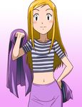  blonde_hair blush breasts digimon digimon_frontier hat hat_removed headwear_removed kakkii long_hair navel orimoto_izumi shirt skirt small_breasts smile solo striped striped_shirt 