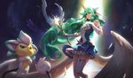  angel_wings armlet dress gloves green_eyes green_hair horn league_of_legends long_hair magical_girl official_art short_dress solo soraka star_guardian_soraka thighhighs very_long_hair wand white_gloves wings zettai_ryouiki 