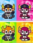  alpha_channel anthro aun_(artist) baseball_cap baseball_uniform big_head biped black_clothing black_eyes blowup_background blue_background blue_clothing blue_hat blue_nose bovine buffalo_bell buffalo_bull_(orix_buffaloes) cel_shading character_name chibi clothed clothing digital_media_(artwork) dot_eyes duo english_text eyelashes female footwear front_view full-length_portrait fur green_background hair hat horn japanese jersey kemono long_sleeves looking_at_viewer male mammal mane_hair mascot multicolored_fur multiple_versions muzzle_(marking) nippon_professional_baseball official_art open_mouth open_smile orange_fur orange_hair orix_buffaloes outline pants pink_background pink_bottomwear pink_clothing pink_fur pink_hair plantigrade pleated_skirt portrait red_tongue scarf shirt shoes short_hair side_by_side simple_background skirt smile sneakers standing tail_tuft text toony transparent_background tuft two_tone_fur uniform url white_bottomwear white_clothing white_fur white_topwear yellow_background yellow_horn 