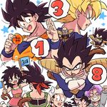  1girl 6+boys :d :o =3 aqua_eyes armor bandana bardock black_eyes black_hair blue_eyes brothers clenched_hand closed_eyes crossed_arms dougi dragon_ball dragon_ball_(object) dragon_ball_z eyebrows_visible_through_hair facing_away father_and_son flag frown gine gloves grandfather_and_grandson grandmother_and_grandson grin highres looking_at_viewer mother_and_son multiple_boys nappa number open_mouth purple_hair raditz salute short_hair siblings simple_background smile son_gohan son_gokuu son_goten speech_bubble spiked_hair star sunglasses super_saiyan tail tkgsize trunks_(dragon_ball) vegeta white_background wristband 
