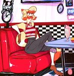  2017 80s anthro arm_support arm_tuft bandanna barefoot biped blonde_hair blush_sticker bob_cut breasts brown_fur brown_nose chair checkerboard checkerboard_floor checkerboard_wall cherry clock clothed clothing crossed_legs digital_drawing_(artwork) digital_media_(artwork) diner dipstick_ears ears_back eye_through_hair eyebrows_through_hair eyelashes female food fries fruit fur glass gloves_(marking) grey_bottomwear grey_clothing hair heterochromia humanoid_hands inner_ear_fluff inside leaning_on_elbow leg_tuft lemur long_tail looking_away mammal markings midriff milkshake multicolored_fur multicolored_hair on_chair orange_fur orange_hair pants pink_clothing pink_topwear prehensile_feet primate raised_eyebrows red_clothing red_topwear restaurant ring-tailed_lemur ryarik shirt short_hair side_view sitting small_breasts small_pupils small_waist smile socks_(marking) solo straw striped_fur striped_tail stripes table tank_top toony translucent_hair tuft two_tone_hair voluptuous watermark white_fur white_stripes yellow_fur yellow_stripes 